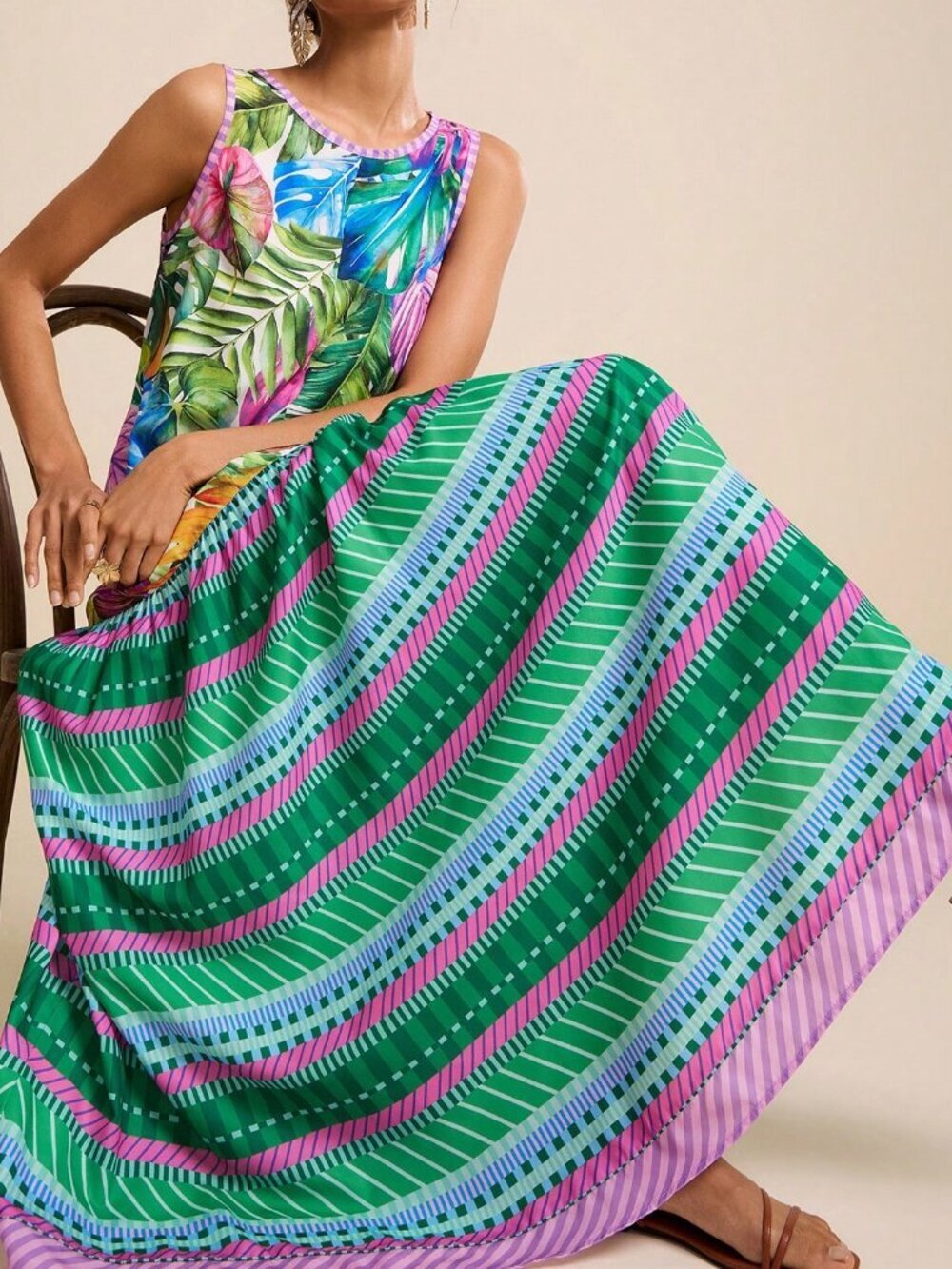 Multicolor Boho Women's Tropical Print Maxi Dress